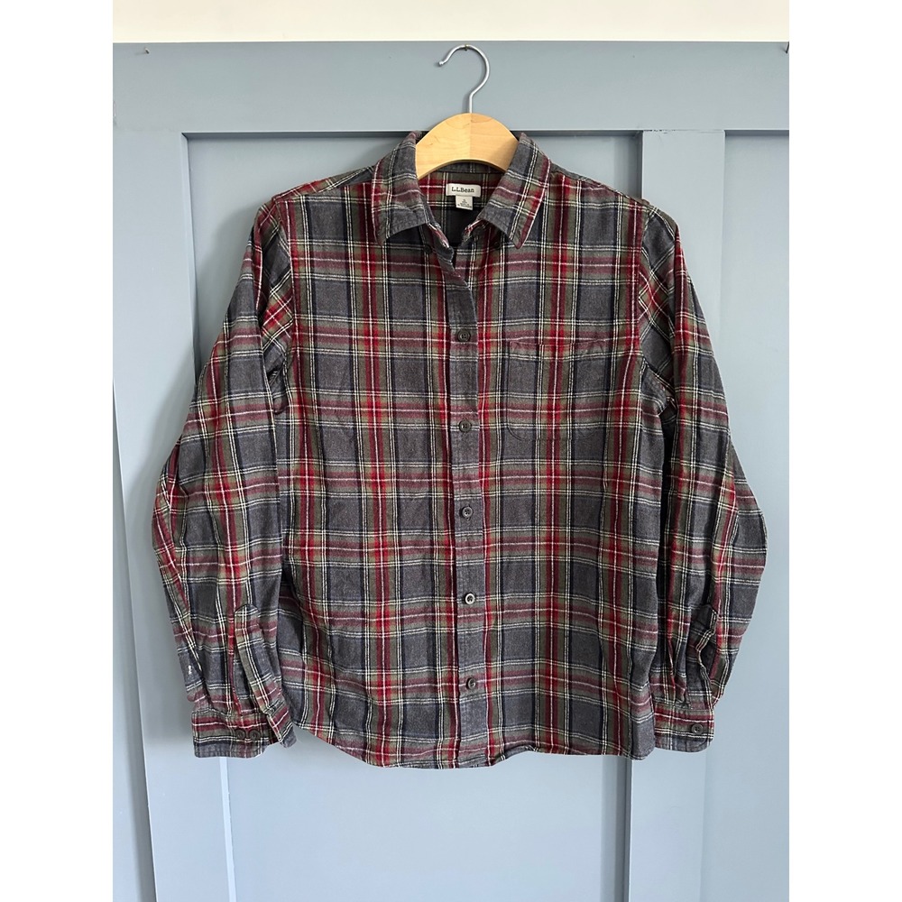 LL Bean Mens Small Grey Red Plaid Flannel Button Down Shirt Long Sleeve Cotton